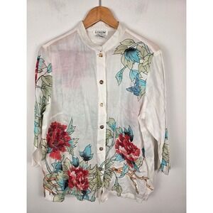 Citron Santa Monica Women White Peony Butterfly Mandarin Button Floral Shirt XL